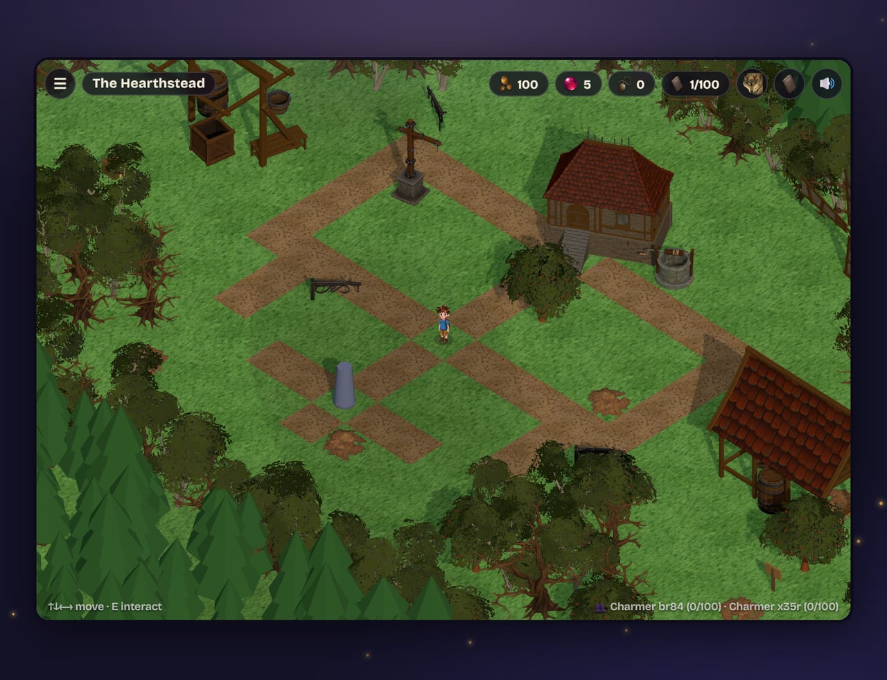 The Hearthstead, an isometric village of cottages and dirt paths