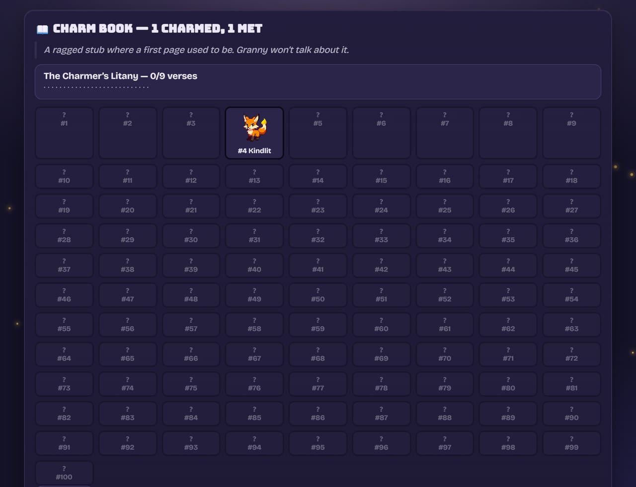 The Charm Book, a collection log of every Charm met so far