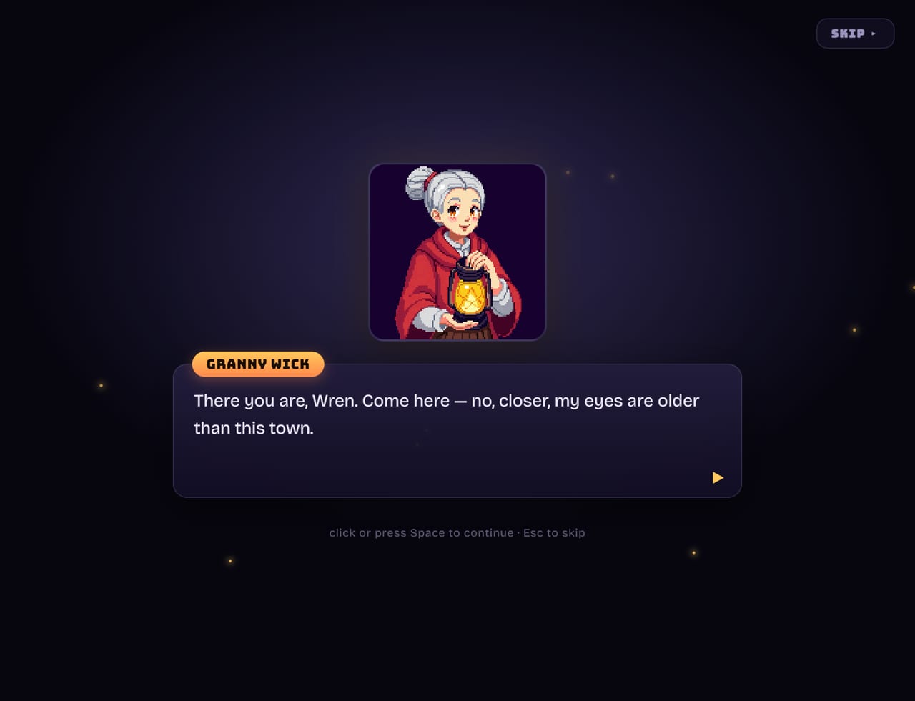 Granny Wick, a lantern-carrying elder, opening the story