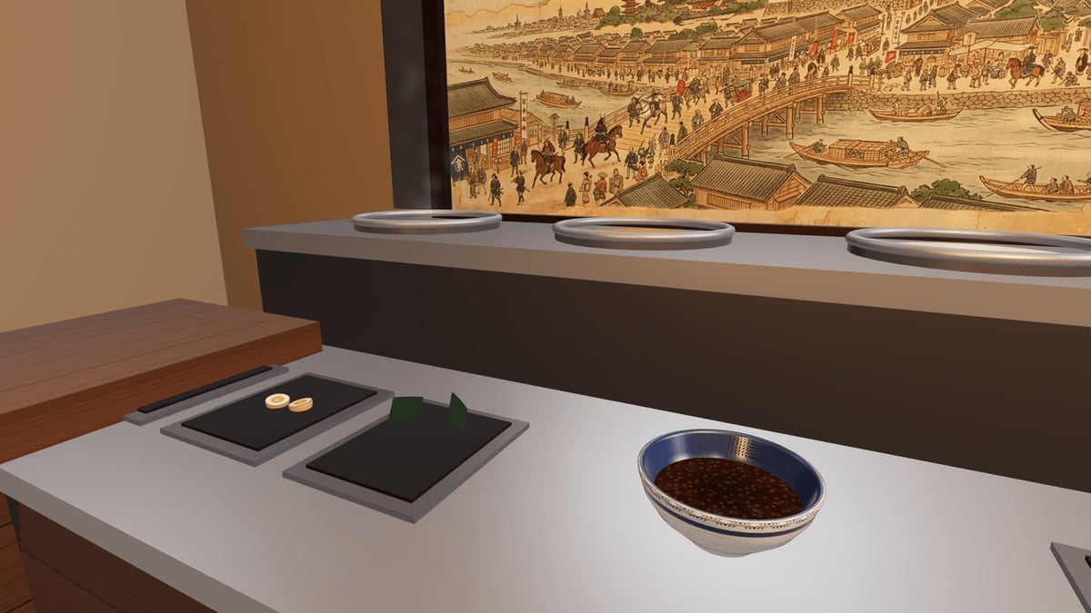 Ramen Shop Simulator — The kitchen station — broth pots and an Edo-period mural on the wall