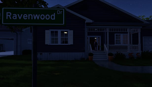 The front door of a suburban house at night