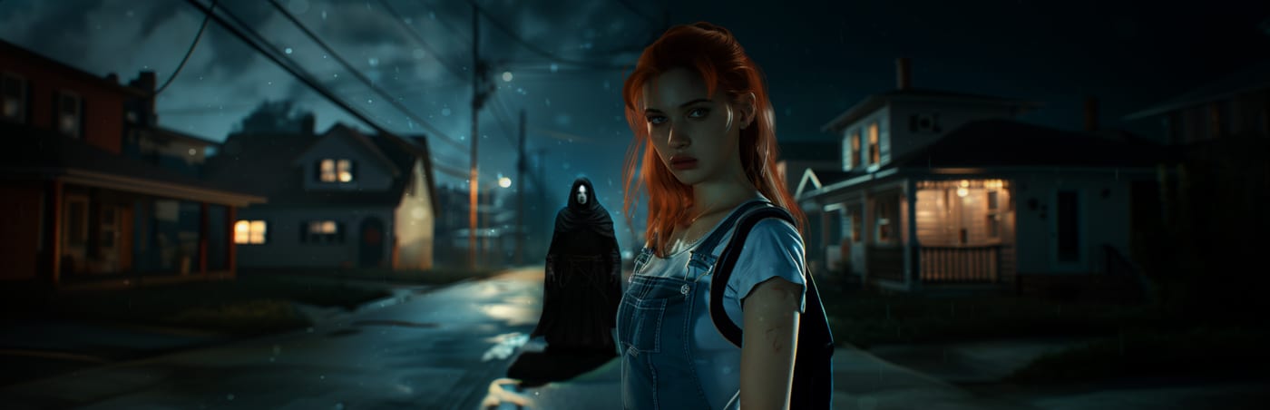 Ravenwood Drive — Emma stands on a rain-slicked suburban street at night as a hooded figure watches