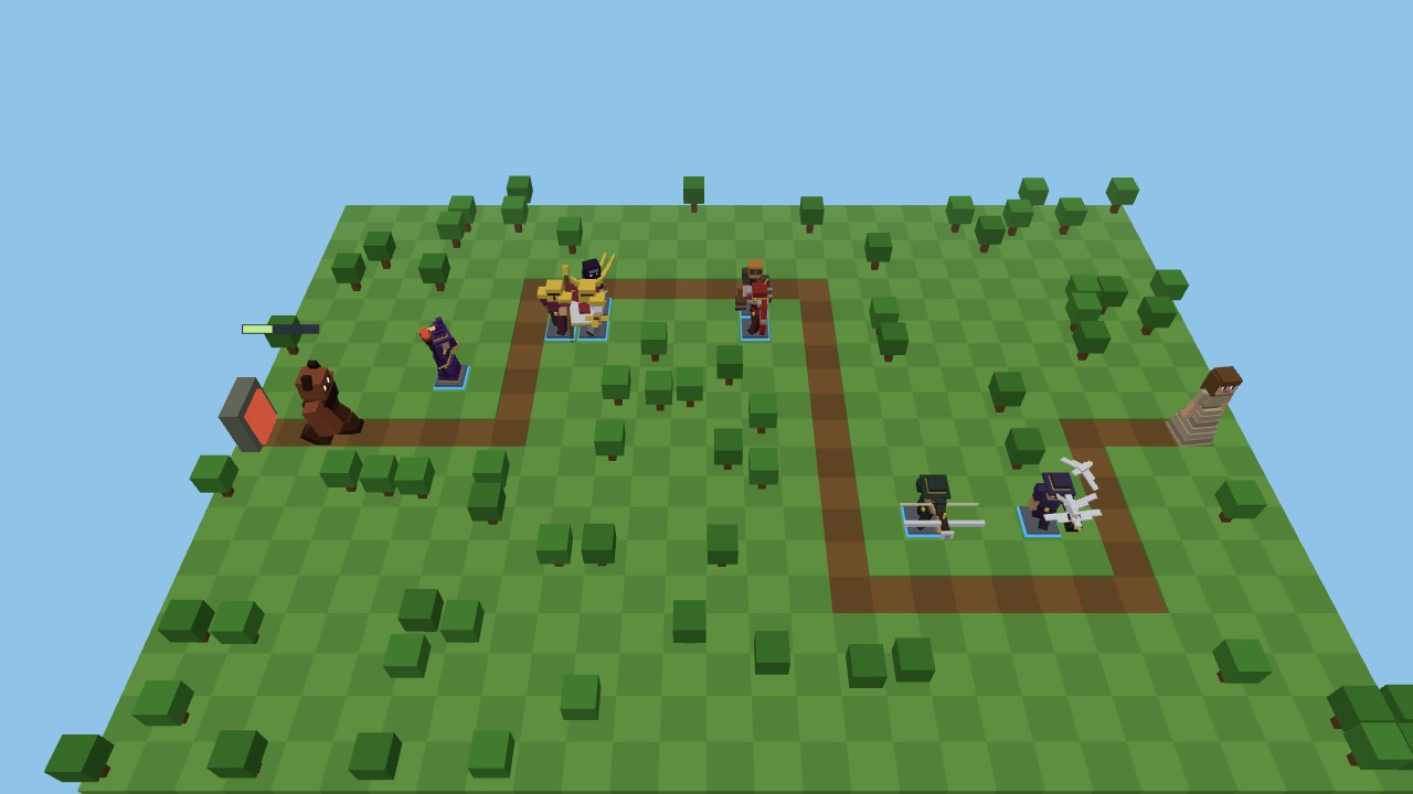 Tower Craft — The full board mid-wave, defenders posted along a winding road