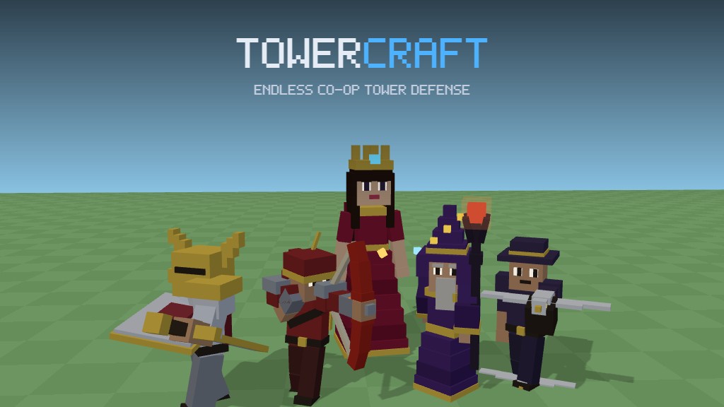 Tower Craft key art — a man-at-arms, archer, wizard and falconer in a line, their queen behind them